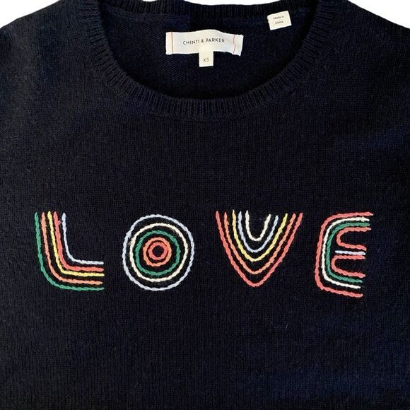 Chinti & Parker LOVE Embroidered Wool Cashmere Blend Black Sweater XS - Picture 1 of 13